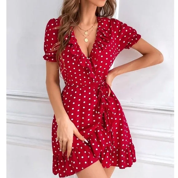 Red Mini Dress White Polka Dots Wrap, Ruffle Details Short Sleeve
